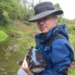 A person wearing a wide-brimmed hat and blue waterproof jacket stands beside a shallow, rocky stream in a green, forested area. The person is holding a large, dark-coloured fish with both hands. The water is clear, and the surrounding banks are covered with grass and vegetation.