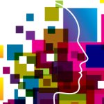 Outline of a human head with multi-cloured squares