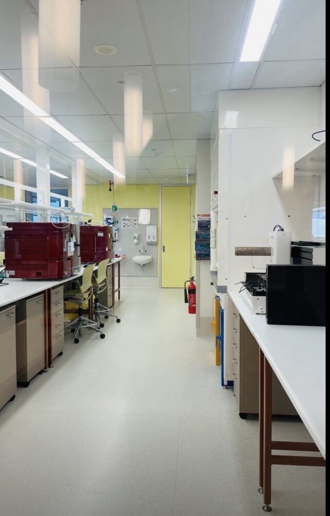 Modern laboratory interior with clean white benches and equipment, including red incubators and analytical instruments, arranged along both sides of a narrow workspace. A yellow door and wall panel are visible at the back, alongside a wall-mounted sink and safety signage. Overhead fluorescent lighting and reflective glass partitions create a bright, sterile research environment with stools and storage units positioned under benches.