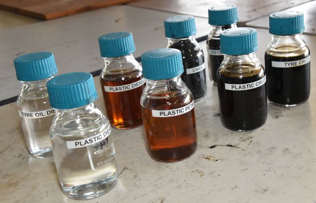Photo of samples of the crude oils converted from plastic diverted land fill by CQUniversity researchers in the Fuel and energy research group.