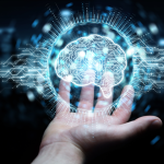 A hand holding a superimposed brain with data points around it