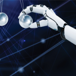 A robot hand holding a ball on a string
