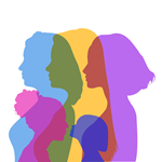 Overlapping silhouettes of people in various colors forming a stylised group illustration.