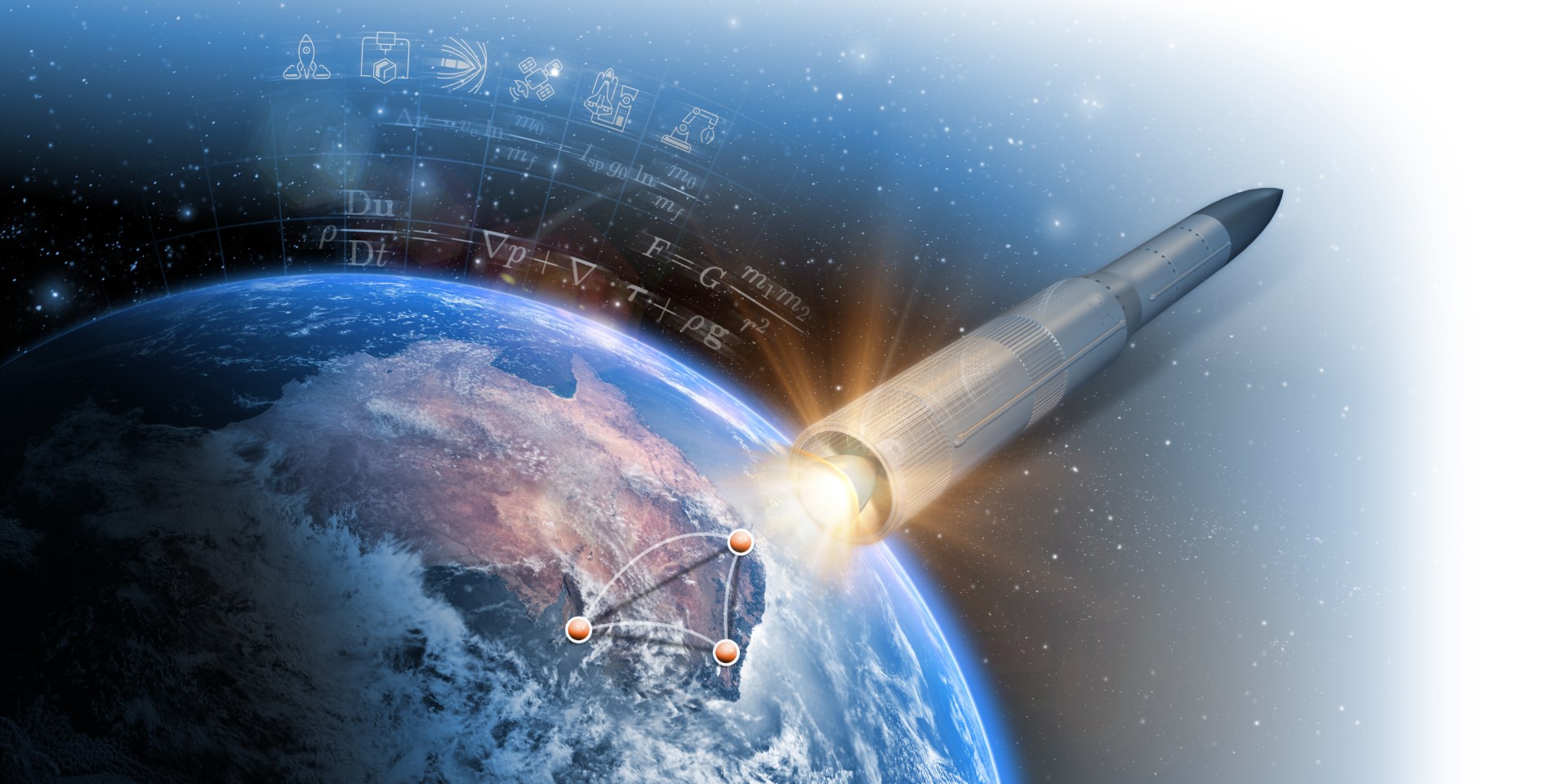 Rocket flying over Earth where South Australia, Australian Capital Territory and Queensland are pinned to represent the three partner universities of iLAuNCH.